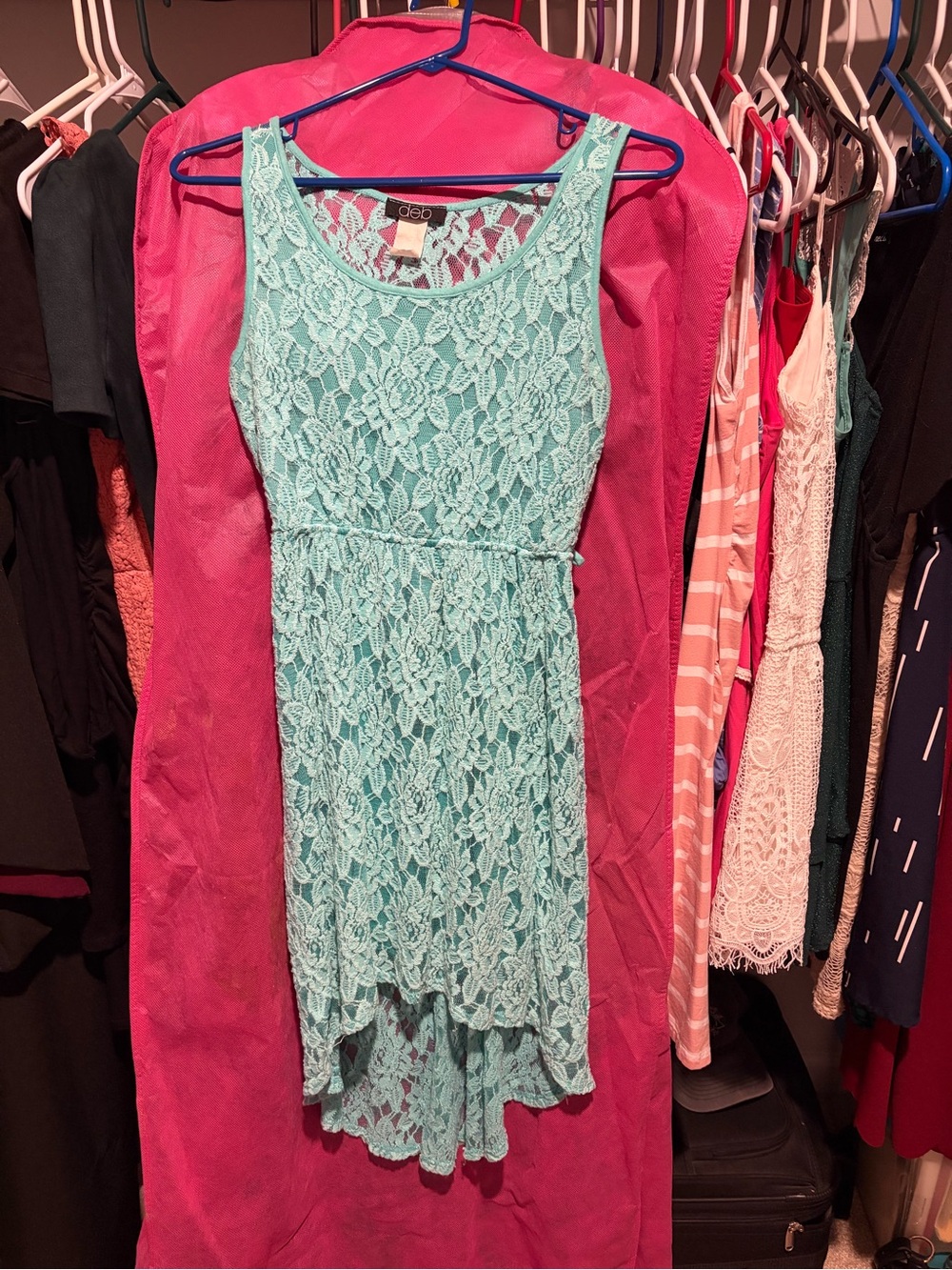 Deb Aqua Lace High-Low Sleeveless Dress with See Thru Back
